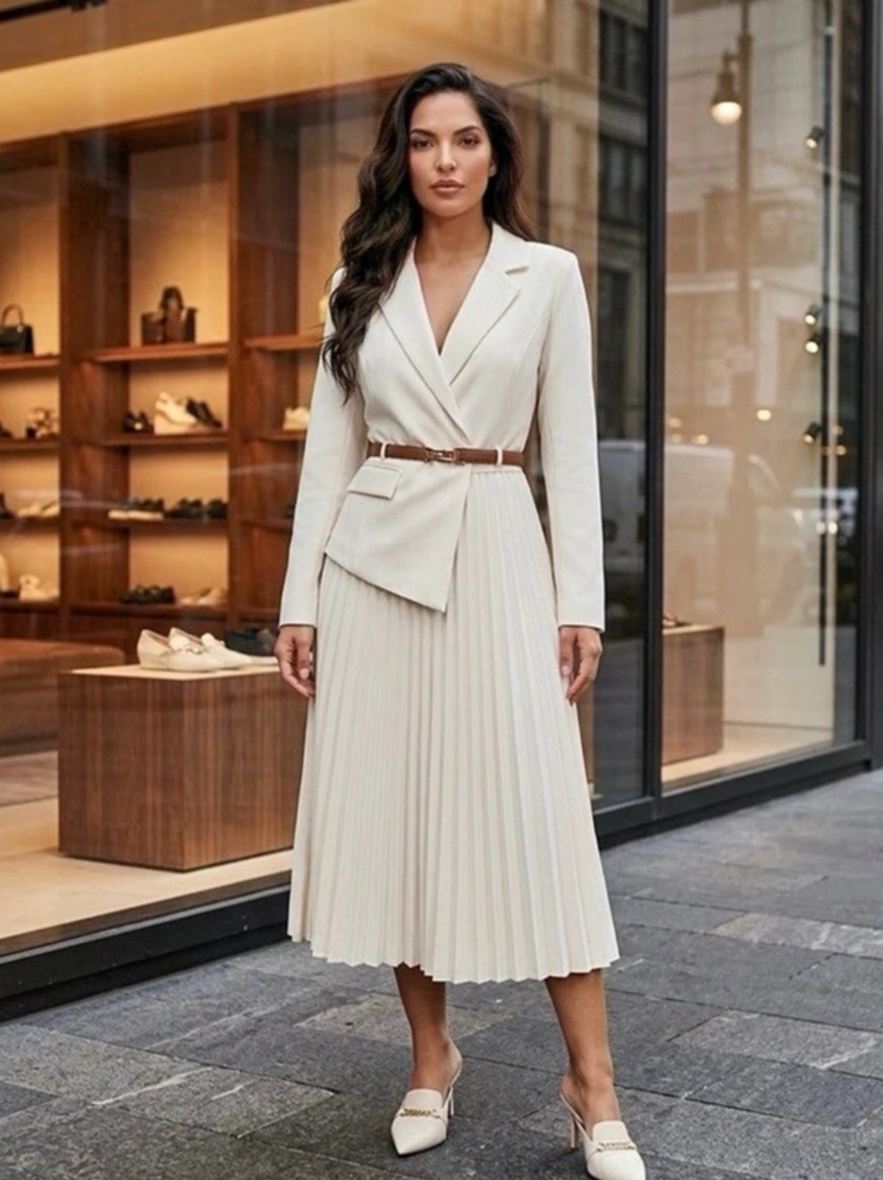 Pleated Blazer Midi Dress with Leather Belt